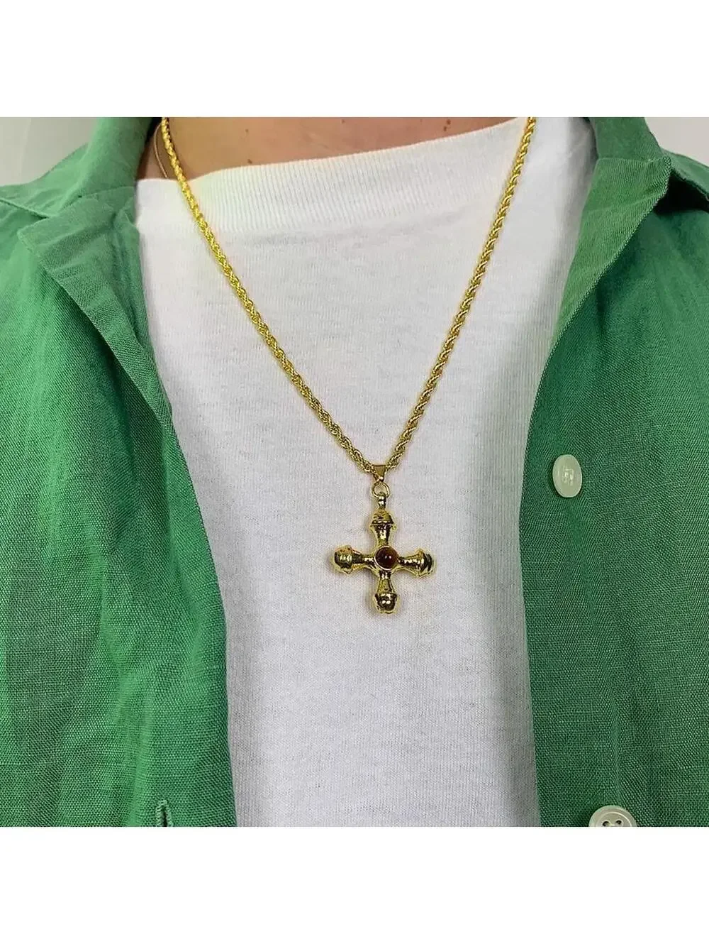 Y2k 2000s style Cyber Star Cross Pendant Gold Rope Chain Necklace. Stainless